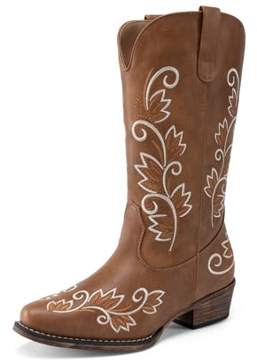 DREAM PAIRS Women's Cowboy Western Mid Calf Boots Square Toe,Brown,5.5