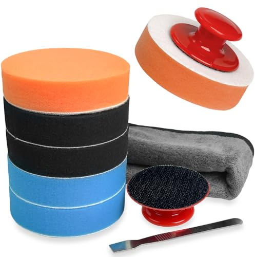 Set of 6 Polishing Sponge Car Set, Polishing Set with Non-Slip, Car Sponge Pads Polishing Attachment, Sponge Polishing Pad for Washing, 1 x Towel for Polishing, 1 x Scraper, 2 x Handles (3 Hardness