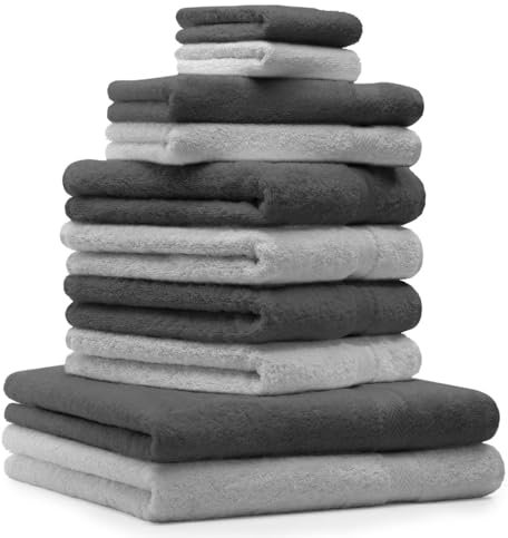 Betz 10-TLG. Handtuch-Set Classic 100% Baumwolle 2 Duschtücher 4 Handtücher 2 Gästetücher 2 Seiftücher Farbe anthrazitgrau und Silbergrau