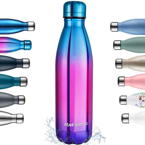 CMXING Thermo Gourde Bouteille d'eau en Acier Inoxydable Isolée Double Paroi-Bouteille Isotherme, Bleu mix rose, 500 mL