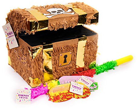 Trendario Pinata Set Schatztruhe, Pinjatta + Stab + Augenmaske, Ideal zum Befüllen mit Süßigkeiten und Geschenken - Piñata Schatzkiste für Piraten Kindergeburtstag Spiel, Geschenkidee, Party, Hochzeit