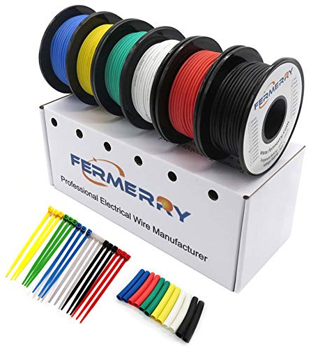 Fermerry Fil toronné 18 AWG Bobine de fil de cuivre étamé en silicone 50 pieds chacun 6 couleurs Jeu de câbles de connexion flexibles de calibre 18 (0.75mm² 6 couleurs 50 pieds 18 AWG chacun)