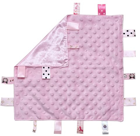 Royal Icon Baby Comforters tag blanket – Ultra Soft and Unique Design Taggies for Babies – Hypoallergenic Baby Taggy Blanket for Newborn Toddlers Boys and Girls 35x35 Cm (Pink - Ri15)