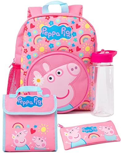 Peppa Pig Girls Backpack Set | Kids 4 Piece Pink Rucksack Set with School Bag, Pencil Case, Lunch Bag & Water Bottle | Peppa & George Pig Complete Matching Accessory Bundle | Back to School Gifts