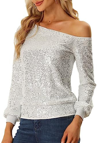 Allegra K Chemisier à Paillettes Femme Blouse à Sequin à Épaules Dénudées à Manches Longues Top Brillant de Club Haut Scintillant de Soirée Argent M