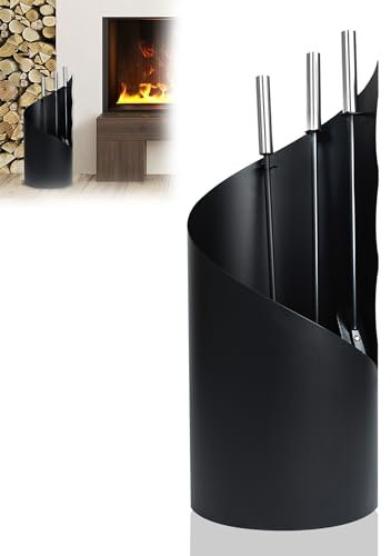 CEEDIR Set de 4 couverts de cheminée modernes en acier inoxydable avec tisonnier, pelle à cendres, balai et support Noir