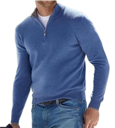 Suéter básico de cachemira con cremallera para hombre, suéter de punto con cuello redondo para hombre, suéter de manga larga suave al tacto con cremallera de un cuarto, Azul, XXX-Large