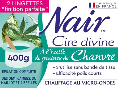 NAIR Cire Divine à l'huile de graines de Chanvre - Cire dépilatoire sans Bandes, Efficace sur Poils Courts, Cire Chaude pour l'Épilation des Jambes / Aisselles / Maillot, Pot de 400g