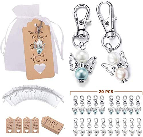 Lidzopas 20 Stück Schutzengel Anhänger, Mini Engels Schlüsselanhänger Dankeschön-Geschenk mit Dankeschön-Etiketten und Organza-Beuteln für Babyparty Brautparty Hochzeit Charm Partygeschenke