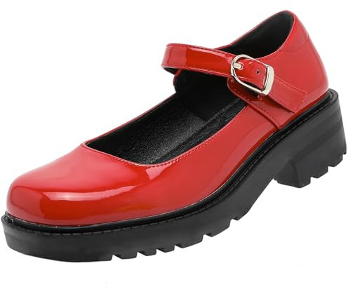 DADAWEN Women's Chunky Platform Mary Janes Shoes Buckle Strap Lolita Dress Pumps Red 7.5 UK
