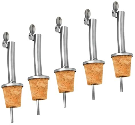 Layba oljeflöde för flaskor, med lock, ventilationssystem, gummi, kork, rostfritt stål, spritutlopp, pip med dammlock, uppsättning med 5 för flaskor avlopp (korktätning)