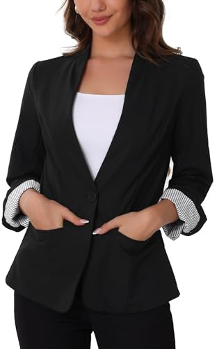 Allegra K Women's Linen Blazer Suit Casual Blazers Long Sleeve Pockets Single Button Jacket for Work Office Wear Black M