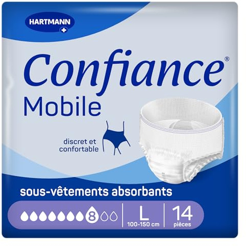 Confiance Mobile - Slips Absorbants pour Hommes et Femmes - Niveau d'Absorption = 8 gouttes (Fuites Urinaires Importantes) - Discrets et efficaces - pH Neutre à la Peau - Taille L - 14 Unités