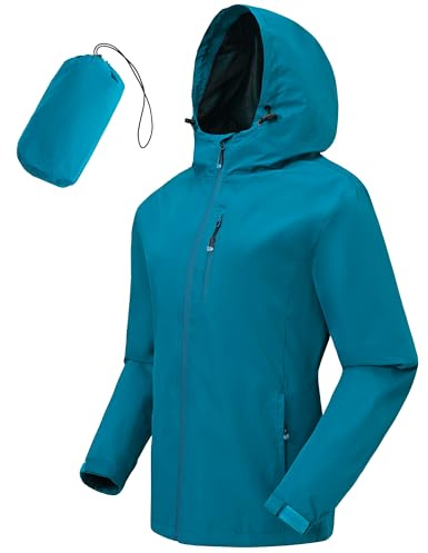 Tyhengta Womens Lightweight Rain Jackets Hooded Breathable Packable Running Raincoats Waterproof Hiking Walking Jacket with Hood Lake Blue,XL