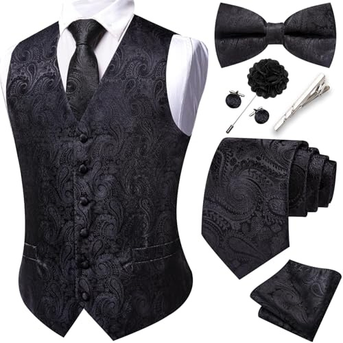 Barry.Wang Paisley herrväst formell kostym västar slips fluga set jacquard klämma hanky manschettknappar pin bröllop 8 st, Svart paisley, XXL