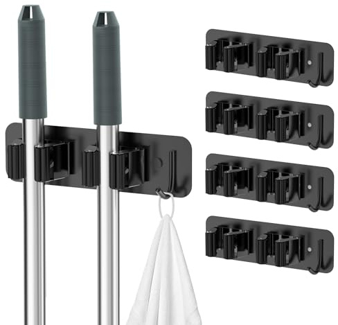 Cosicosy Mop Broom Holder, SUS304 Stainless Steel Mop Holder Wall Mounted 4 Racks with Hook Broom Hanger 4 Pcs Broom Holder Self-Adhesive/Perforated (Include Screws), Black