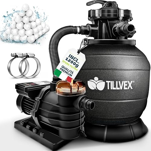 tillvex Depuradora de Agua para Piscina con temporizador 13.200L/h hasta 40.000L + 1200g Bolas de Filtro - 7 Funciones de Filtrado & Adaptador 2en1 Ø32-38 mm - Bomba de Filtro de Arena con Válvula