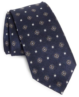 VIVESMAR Corbata de Seda para Zegna Hombre, Original hecha en Italia, Azul Marino con Diseño de Flores y Puntos