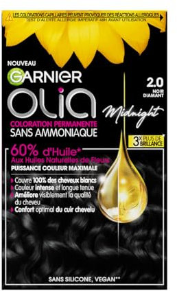Garnier Coloration Permanente - Sans Ammoniaque - Aux Huiles Naturelles de Fleurs - Noir Diamant (2.0) - Olia