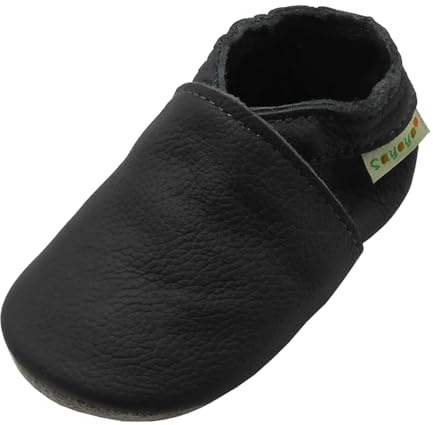 SAYOYO Chaussons de en Cuir Souple pour Enfant, Chaussures Premiers Pas Gris foncé, 12-18 Mois L 21/22