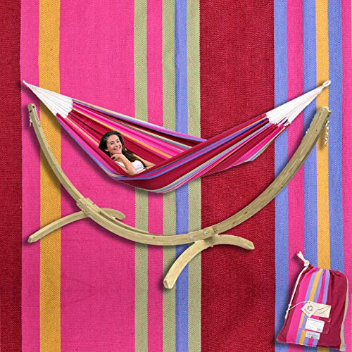 XL Hängematte mit FSC Holz-Gestell KOMPLETT-SET ? 3 Personen bis 200 kg | Amazonas Barbados Grenadine Rot-Rosa-Bunt + Olymp NATUR