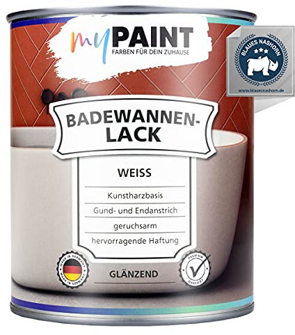 myPaint Badewannenlack 750ml, Weiß gänzend | Hochdeckende, wasserbeständige Badewannenfarbe, Badewannen Reparaturset weiß, Fliesenfarbe, ideal für Badewanne, Duschwanne und Waschbecken