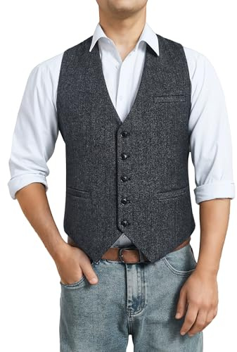 HISDERN Hommes Formelle Tweed Gilets Mariage Laine Gilet Chevron Gilets Sans Manche Casual de Fete Robe Costume Gilet pour Homme Charbon 3XL