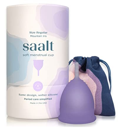 Saalt Soft Menstrual Cup – Reusable Period Cup – Made for Comfortable, Leak-Free Protection Up to 12 Hours – BPA & Latex Free – Includes Cup & Carry Bag (Regular, Mountain Iris)