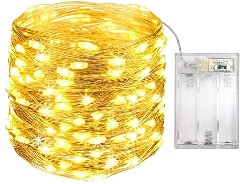 OEMG LED Stringa Luci a Batteria, 12m 120 LED Catena Luminose - 2 Modalità Lights, Rame Filo Ghirlanda Lucine per Natale Matrimonio Decorative Festa Interno Natalizie Letto Camera, Bianco Caldo