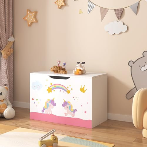 [en.casa] Baule per Giocattoli (AxLxP) 40 x 60 x 30 cm Cassapanca per Cameretta Contenitore Porta Giochi - Mobile a Misura di Bimbi - Decorazione Unicorno - Rosa/Viola