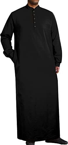 YAOHUOLE Mens Kaftan Thobe Muslim Robes Button Casual Long Sleeve Jubba for Men with Pocket Black M
