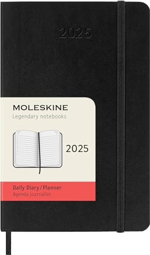 Moleskine Daily Planner, 12-Month Daily Agenda 2025, Soft Cover and Elastic Closure, BlackColor, PocketSize 9x14 cm