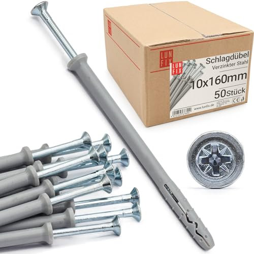Lun Fix Schlagdübel 10,0x160mm -Nageldübel 50 Stük - Dübel Schraube - Rahmendübel - Schnellmontage Dübel - Schlagschraube - Senkkopf