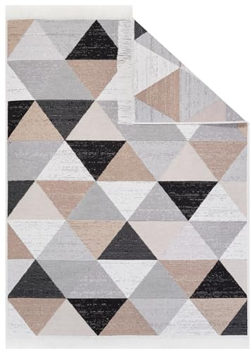 TAPISO Azteca Teppich Kurzflor Baumwolle Waschbar Beidseitig Anwendbar Beige Creme Grau Schwarz Dreiecke Wohnzimmer Schlafzimmer Fransenteppich ÖKOTEX 80 x 150 cm