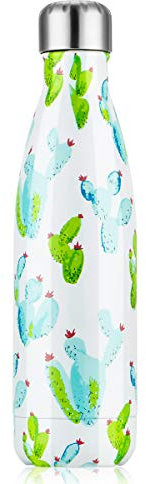 Bottiglia Acqua in Acciaio Inox, Borraccia Termica Senza BPA Bottiglia Termica Isolamento Sottovuoto a Doppia Parete Borracce Per 24 Ore Fredde e 12 Ore Calde (Cactus, 500ml)