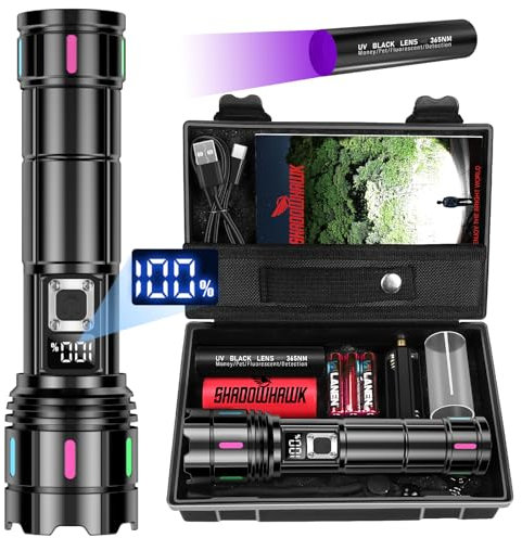 Shadowhawk Linternas Led Alta Potencia,500000 Lúmenes XHM90.2 30W Linterna Led Recargable, Pantalla LCD Potente Lanterna Tactica Militar, USB Flashlight Largo Alcance Para Camping Emergencia Regalo