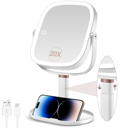 Specchio da trucco con illuminazione, specchio ingranditore 20x con 3 luci colorate, specchio cosmetico con ingrandimento con interruttore bifacciale, altezza regolabile specchio ingranditore con luce