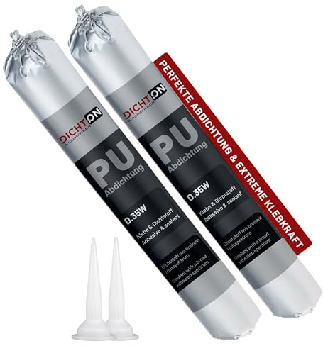 PU Abdichtung & Klebstoff 2x600g - Dichtstoff in grau UV-stabil & lösemittelfrei - elastische 1K Polyurethan Fugenabdichtung, Haftung auf Beton, Fliesen, Alu, Stahl, Glas, Kunststoff © DICHTON D.35W