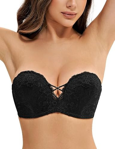 Deyllo Damen Push Up Trägerloser BH Große Größen mit Unsichtbare Eingebaute Bügel, Spitzen Schalen BH Ohne Träger mit Anti-Rutsch Band für Rückenfreies Kleid Schwarz 85B