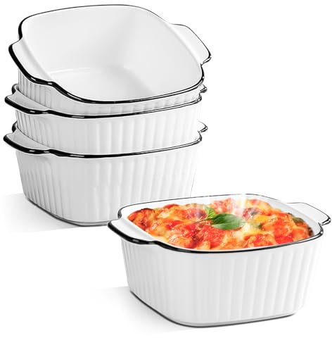 Auflaufform Keramik 4er Set, 400ML Kleine Auflaufform Keramikm Quadratische Backformen, 14.5 x 11.5 x 5.5cm, Backformen Set für Heißluftfritteuse, Backofen, Mikrowellenherd (Vertikale Streifen)