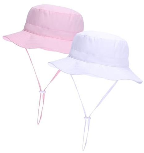 Mayoii Lot de 2 chapeaux de soleil pour bébé, UPF 50+ pour enfants, garçons et filles, réglables et pliables, respirants, légers, blanc/rose, XS