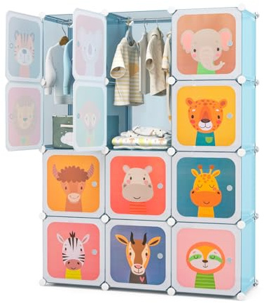 RELAX4LIFE Armadio Modulare a 8/12 Cubi per Bambini con 2 Barre Appendiabiti, 8/12 Ante, Mobile Salvaspazio per Cameretta e Asilo Nido, Portata di Ogni Cubo 10 KG (Animale-12 Cubi,Blu)