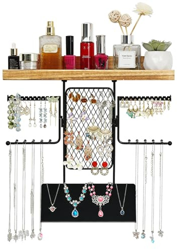 BNING Hanging Jewelry Organizer, Wall Jewelry Organizer with Shelf for Women, Rustic Wooden Necklace Holder Wall Mounted, Earring Holder Organizer Display for Earrings Bracelets Necklaces