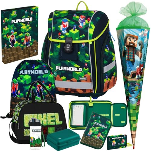 OB Premium Light - Playworld - Pixel - Schulranzen-Set 9tlg. mit Sporttasche, Schultüte R, Brotdose Trinkflasche Brustbeutel, Heftbox A4 gratis