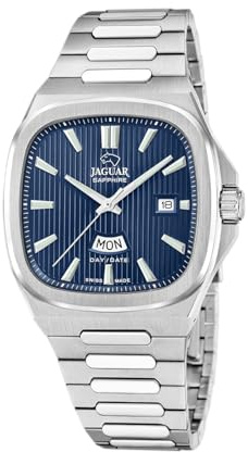 JAGUAR Swiss Made Reloj Hombre Analógico de Acero Inoxidable 316l Plateado | Movimiento de Cuarzo, Calendario, Cristal Zafiro de Alta Resistencia, Resistente al Agua 5 ATM J1049/2 Rondcarre