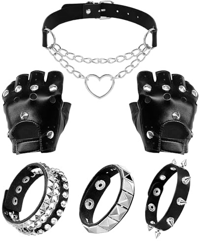 Asheyya 5 Pcs Emo Accessories Set, Punk Clothes with Goth Choker Studded Bracelet Fingerless Leather Gloves for Women Men Fancy Dress