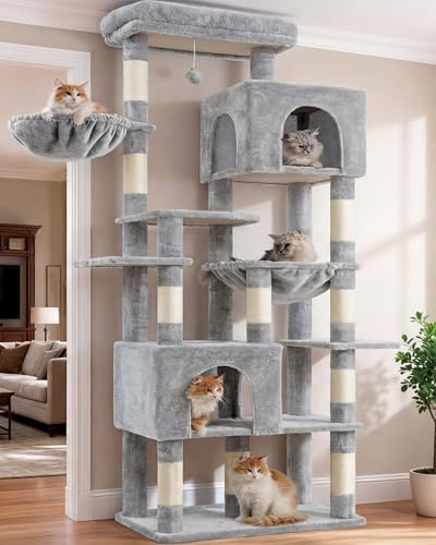 Heybly Rascador Para Gatos Grandes, 193 cm Torre para Gatos con Base Grande de 5 Postes para Máxima Estabilidad, Incluye 2 Cuevas, 1 Hamaca, 1 Cesta y 10 Postes Rascadores de Sisal, Gris Claro HCT039W