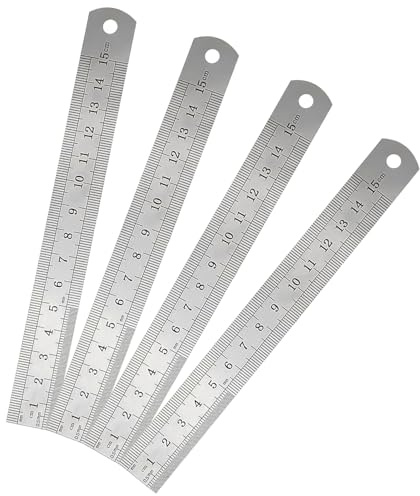 Juego de 4 reglas de acero inoxidable de 15 cm con agujero para colgar, reglas metálicas rectas para estudiantes, ingenieros, arquitectos, herramientas de medición para oficina y escuela