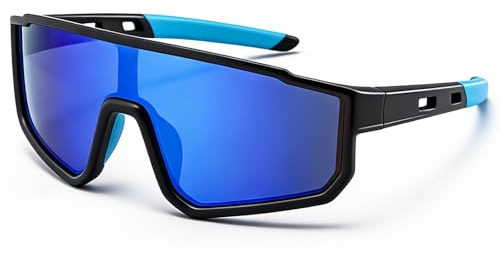 CIKJUK Sport Lunette de Soleil Enfant - Protection UV TR90 Monture Flexible enveloppante Cool vtt Course à pied Baseball Cyclisme Ski Cricket Lunettes Soleil Garçon Fille - Noir/Bleu miroir