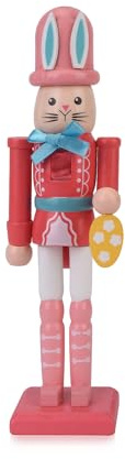 Codesteel 7 Inch Easter Bunny Nutcracker Decoration, Wooden Rabbit Soldier Figure for Spring Holiday Tabletop Display (Pink)